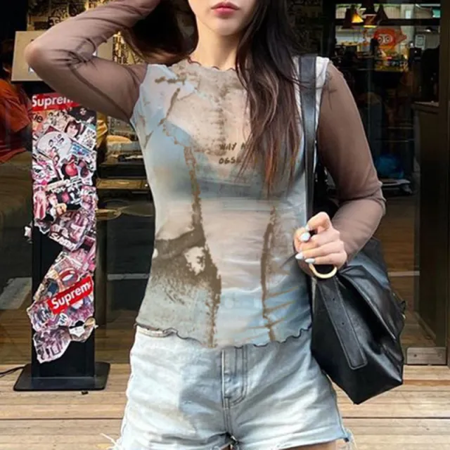 Europe And The United States Sexy Pure Desire Abstract Characters Printed Mesh Long sleeved T shirt New Collision Color See through Wave Round Neck... Brown - Shop at LoveMi
