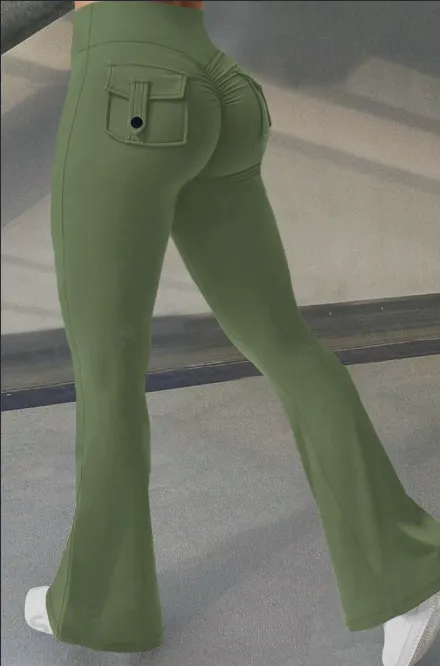 Yoga Fitness Flared Pants With Pockets Ins Fashion Slim High Waist Sports Trousers Scrunch Butt Booty Workout Lifting Leggings Green - Shop at LoveMi