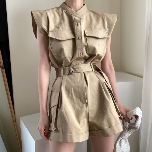 Lace-Up Waist Fly-Sleeve Tooling Jumpsuit