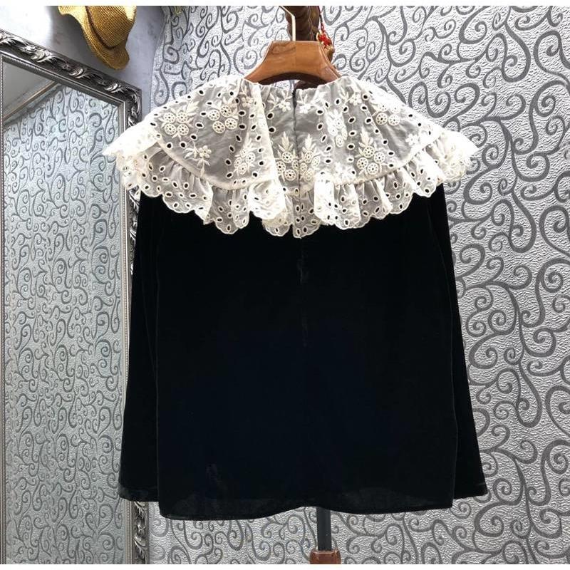 New Fashion Niche Shawl Doll Collar Hollow Embroidery Velvet Top