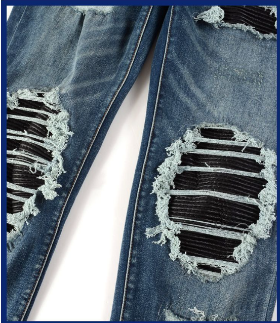 Title 6, Heren geplooide jeans met knie PU leren patches...