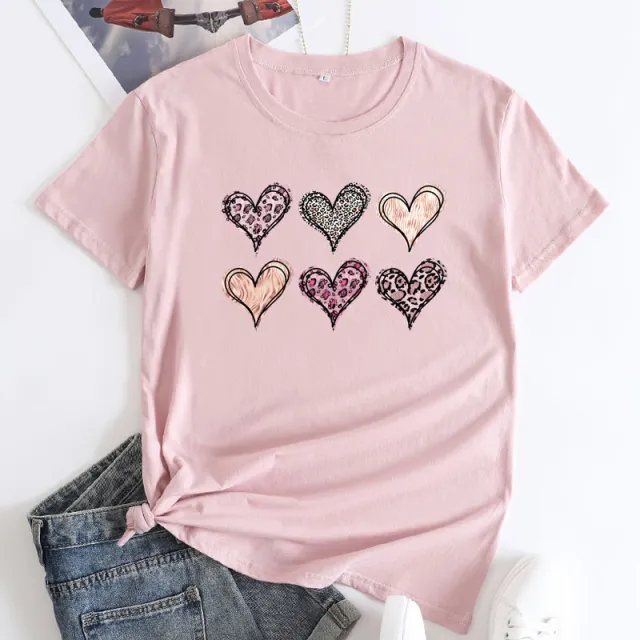 Women's Fashion Casual Love Printed Cotton Round Neck Short Sleeve Pink - Shop at LoveMi