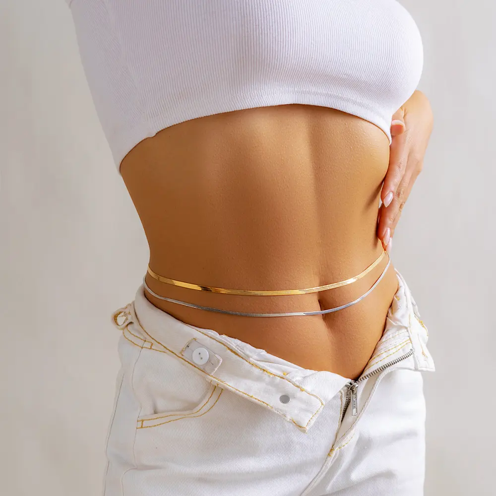 Classic Flat Snake Link Waist Chain Imitation Pearl Beads