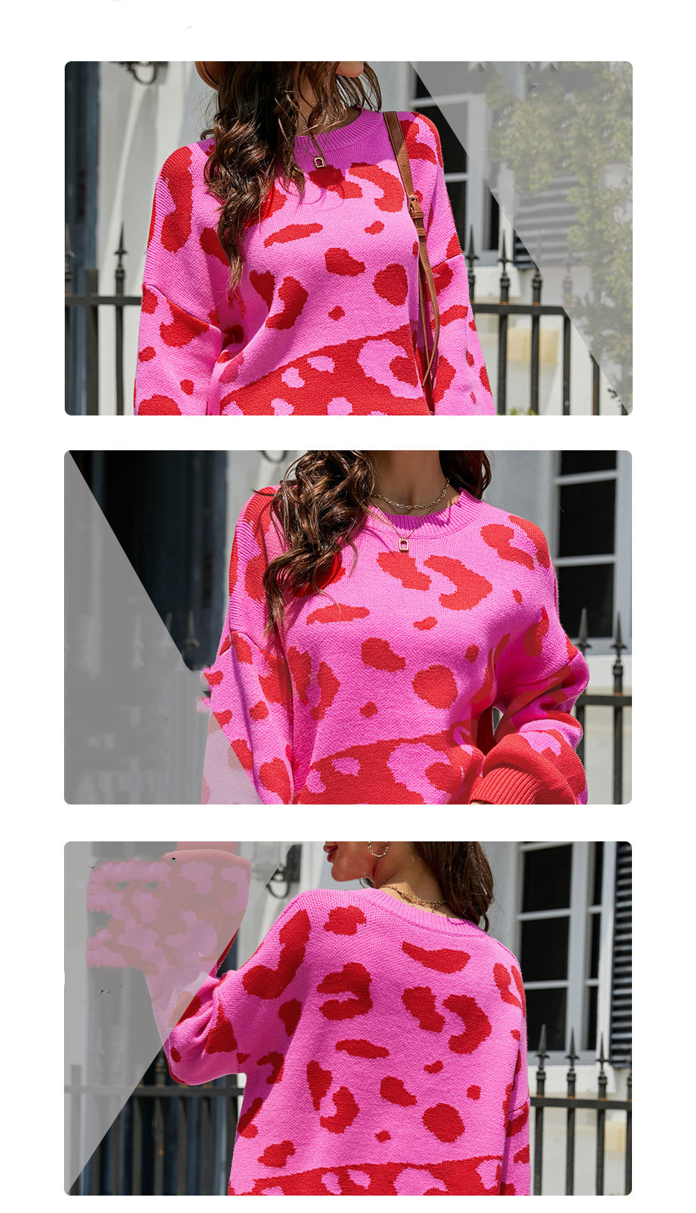 Women's Crew Neck Two Tone Panel Leopard Knit Sweater