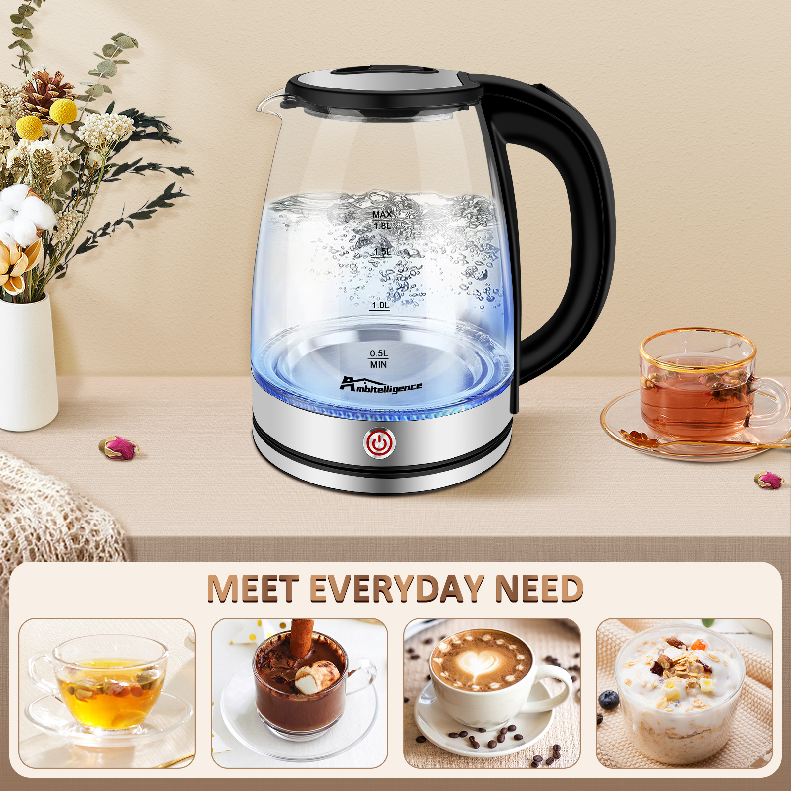 1.8L Glass Electric Kettle with Keep Warm. BPA Free Materials, Keep Temperature Function, Fast Boil, Automatic shut-off, Easy to Clean. Image source: https://cf.cjdropshipping.com/dc36268c-ab29-4312-be60-d1573b4f4e7d.jpg