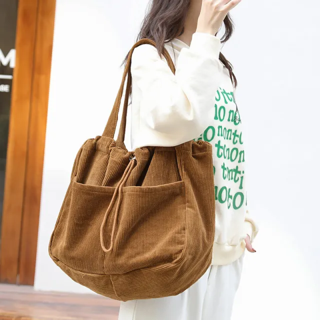 Ins Corduroy Shoulder Bags Drawstring Multi pocket Handbag Women Underarm Bags Khaki - Shop at LoveMi