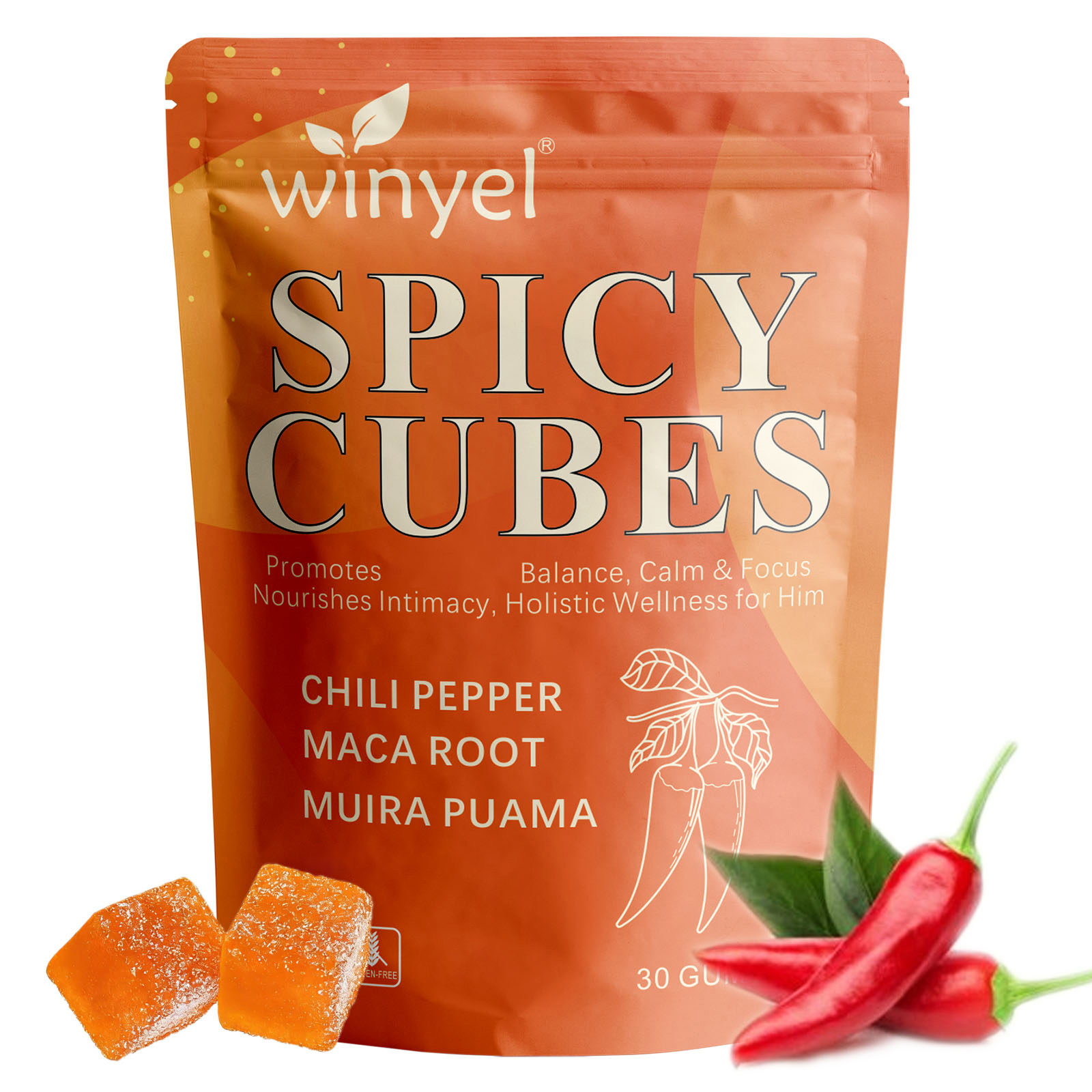WINYEL Spicy Cubes, Intimacy Gummies With Chili Pepper, Muira Puama, Maca Root, Epimedium, Helps Promote Hormone Balance, Calmness And Intimacy Wellness, Peach Flavor, 30 Gummies