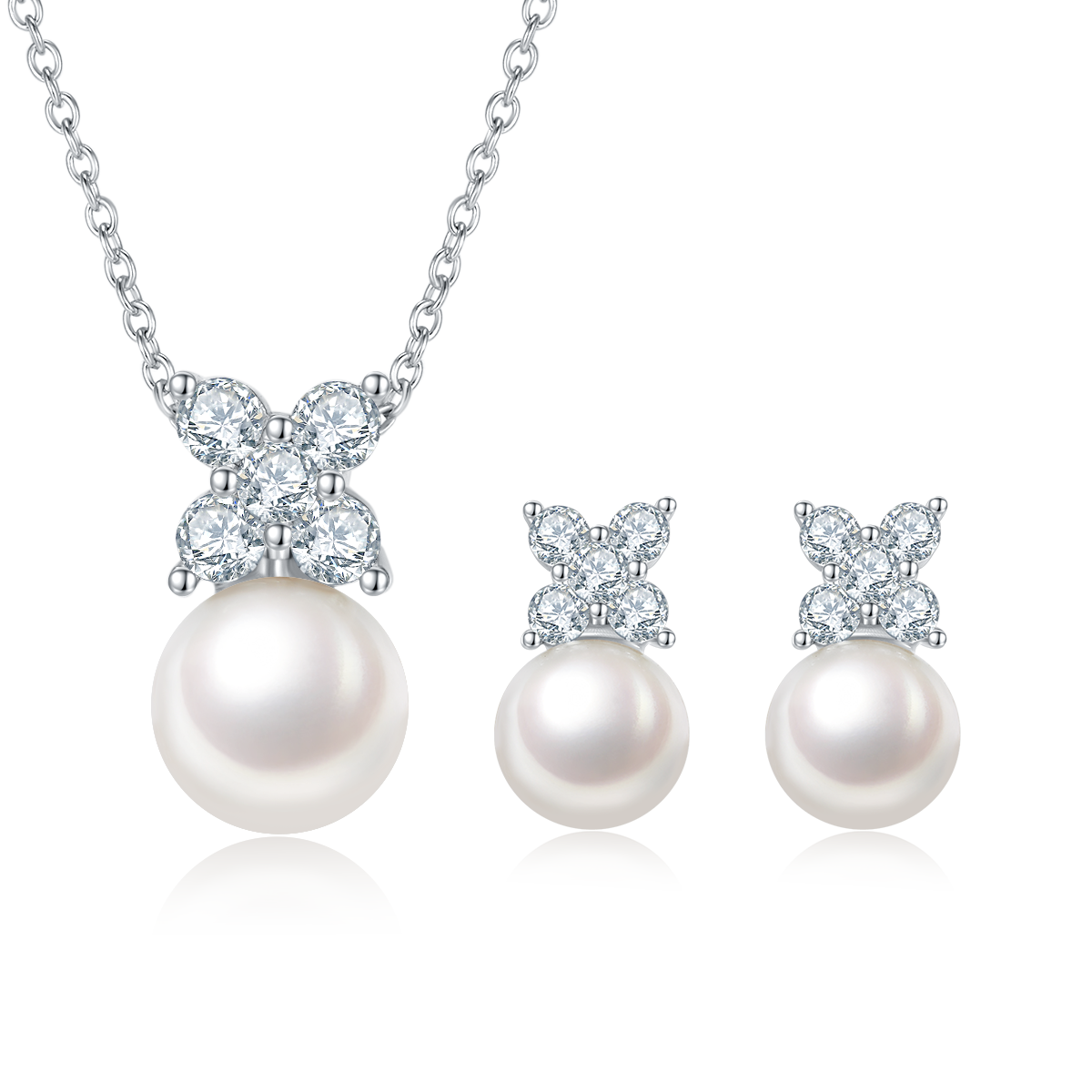 S925 Sterling Silver Natural Freshwater Pearl Necklace Earrings Set Butterfly Flower Design Platinum Plated 3.2g Gift Box