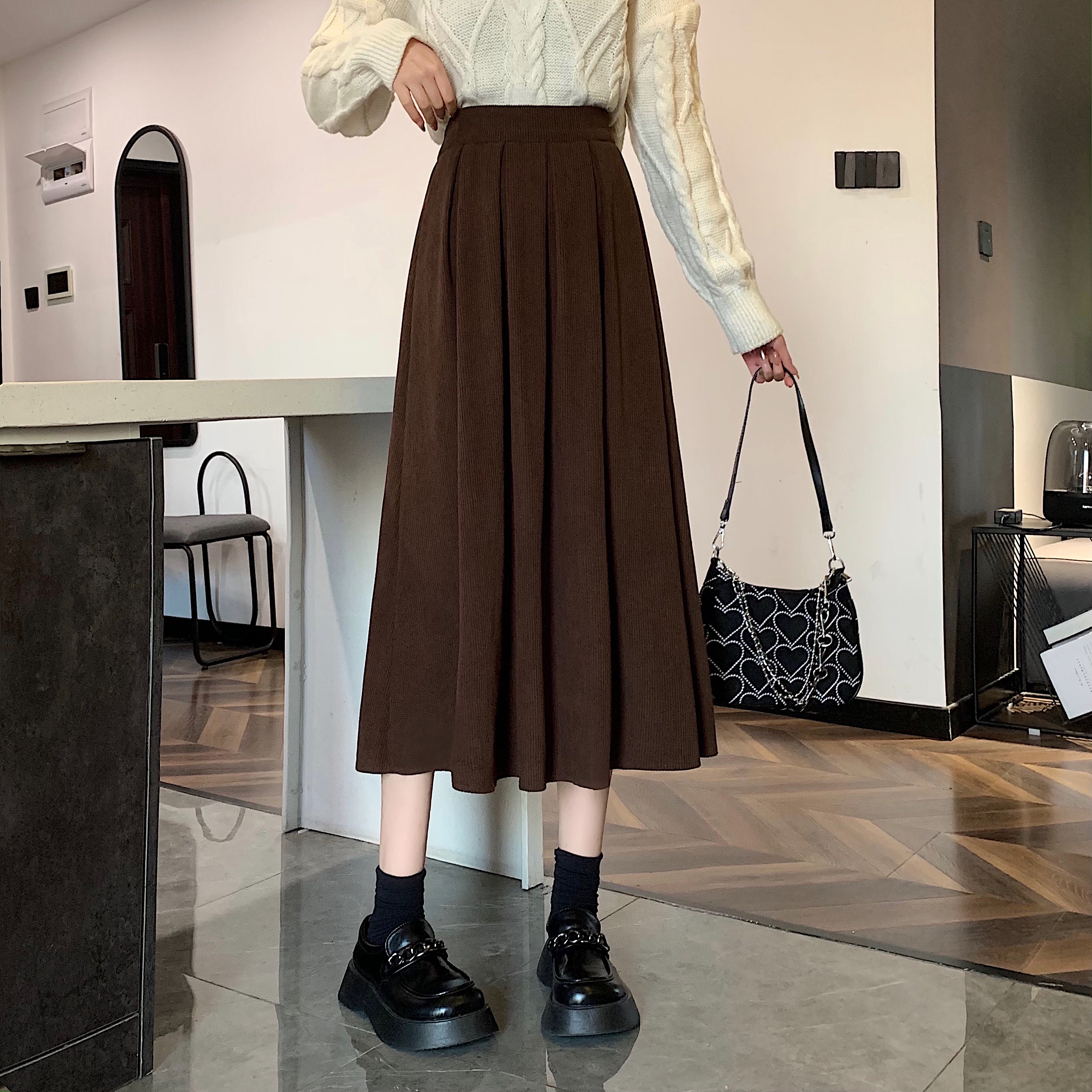 High Waist Corduroy Black A-line Umbrella Skirt