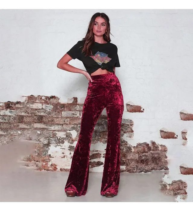 Women's High Waist Gold Velvet Casual Wide Leg Flared Pants Claret - Shop at LoveMi