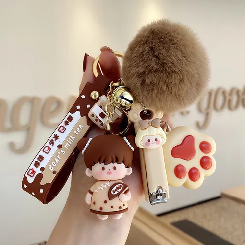 Crystal Milk Tea Cup Leather Rope Key Chain Ring Cartoon Hair Ball Girl Nail Clippers - Shop at LoveMi