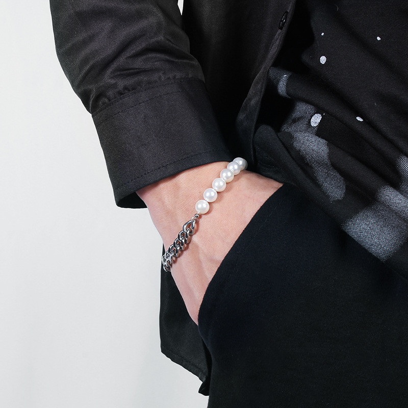 White Pearl Stitching Bracelet Women's Titanium Steel Thick Chain