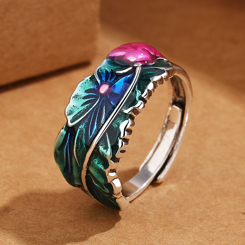 Vintage Thai Silver Chinese Style Cloisonne Six Words Mantra Lotus Ring