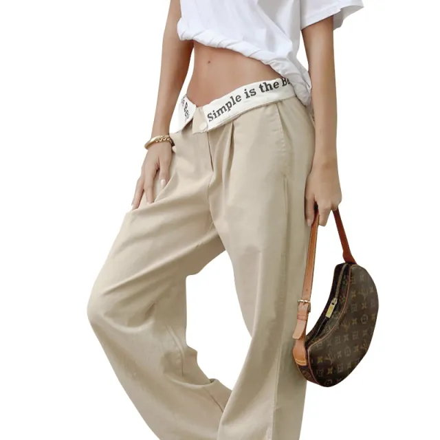 Autumn New Letter Print Long Paragraph With Hot Girls Straight Pants Khaki - Shop at LoveMi