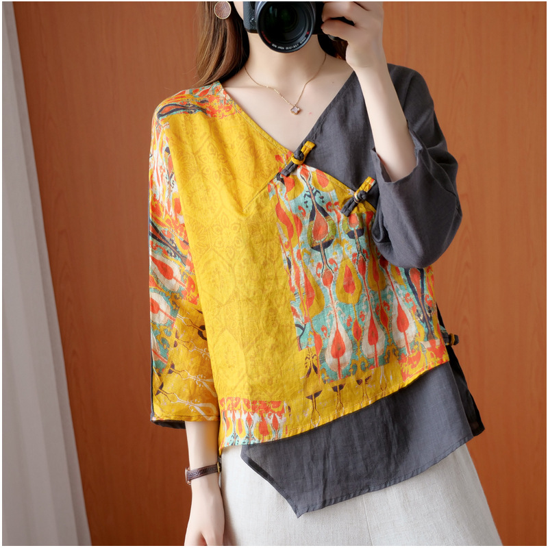 Women's Irregular Retro Printed Diagonal Ramie Buttoned Shirt