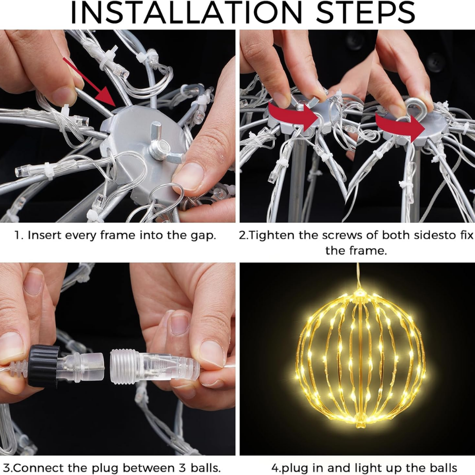 Set Of 3 Christmas Light Balls, 12 In Warm White Hanging Holiday Decor Fold Flat Metal Frames, Indoor Outdoor Use 5