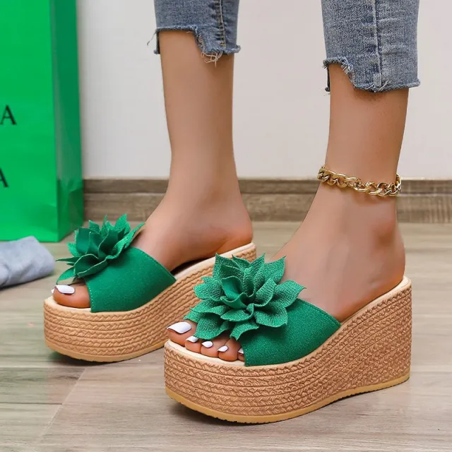 Women's Wedge Heel Flower Muffin Heel Flat Sandals Green - Shop at LoveMi