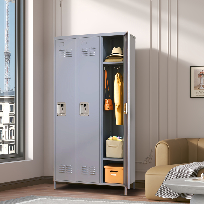 3-Door 72in Steel Locker W Locks For Employees, Storage Cabinet For Home Gym Office School Garage, Gray 3