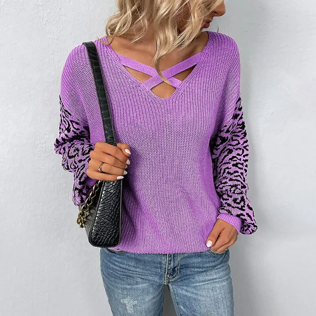 Lace Up Splice Leopard Pullover Sweater Women Purple - Shop at LoveMi
