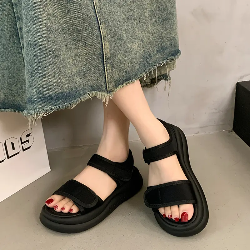 Women Minimalist Athleisure Platform Sport Sandals, Open Toe Double Wide Front Strap Adjustable Velcro Rear Heel Thick Cushioned Sole Casual Summer