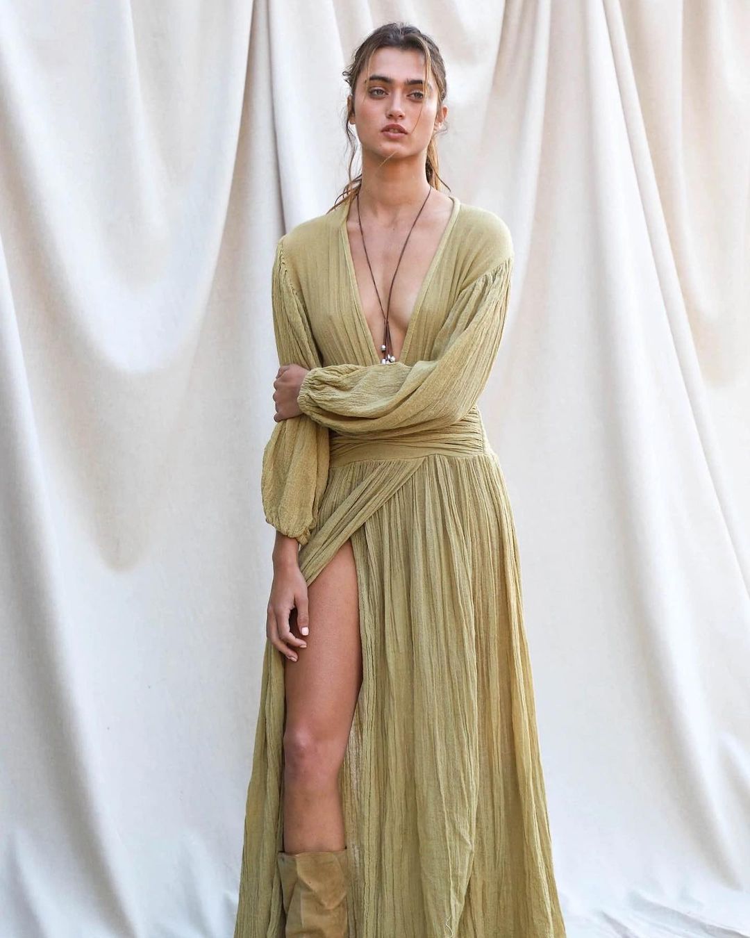 Deep V-Neck Balloon-Sleeve Slit Maxi Dress — product details and sizing image 2
