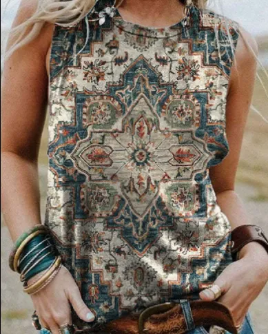Retro Print Round Neck Short Sleeve Women's T shirt J2Color - Shop at LoveMi