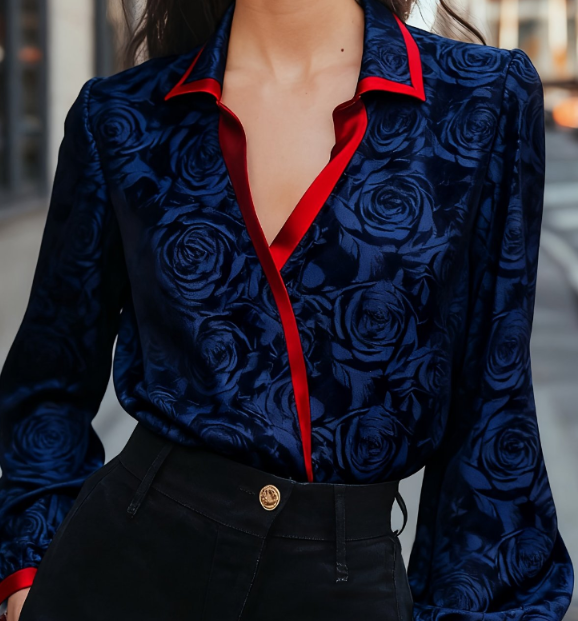 Urban Light Luxury Style Red-Edged Color-Block Puff Sleeve Shirt For Women