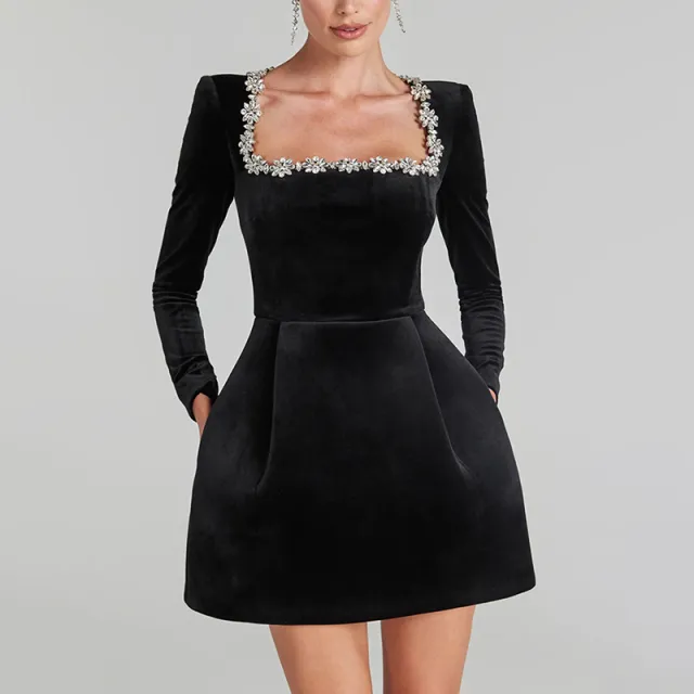 Women's Rhinestone Square Neck Velvet Dress, Long Sleeve Bodycon A Line Mini Dress Black - Shop at LoveMi