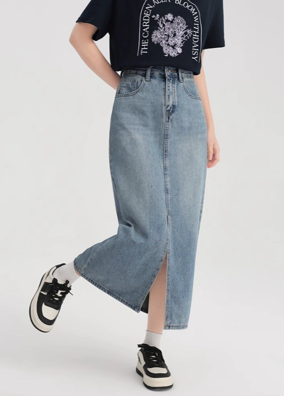 Tencel Denim Skirt Women's Thin Waist High Loose Slit Ice Silk A-line Medium Length Hip Skirt