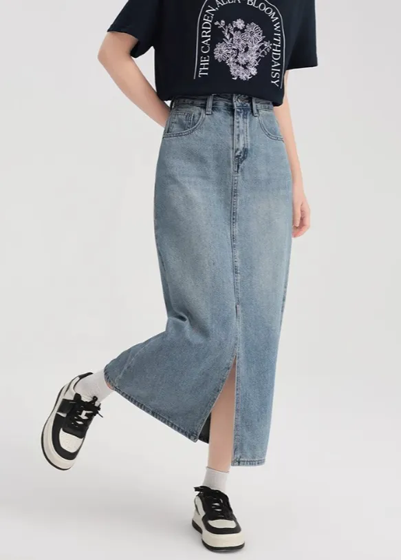 Tencel Denim Skirt Women's Thin Waist High Loose Slit Ice Silk A-line Medium Length Hip Skirt - Blue