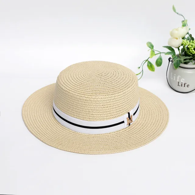 Rhinestone M Standard Flat Top Straw Hat Seaside Shade Light Khaki - Shop at LoveMi