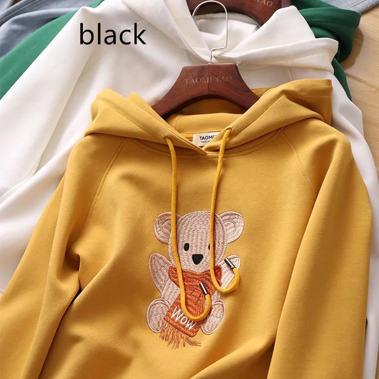 Women's Trendy Spring And Autumn Bear Embroidery Hooded Sweater - Black