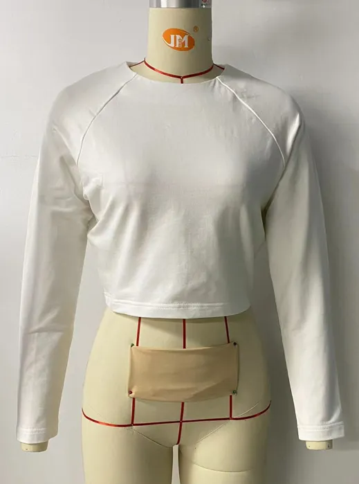 Women's Cotton Long - Sleeved Short Solid Color T-shirt - White