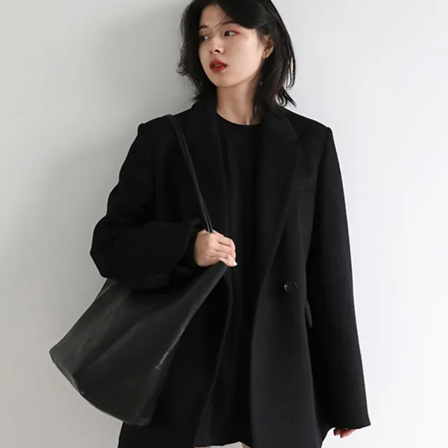 Women's Wide Shoulder Woolen Suit Coat Black - Shop at LoveMi