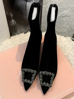 Rhine-drill Pointed High Heels Square Buckle Elastic Boots Large Size Ankle Boots Low Heel - Black - View 1