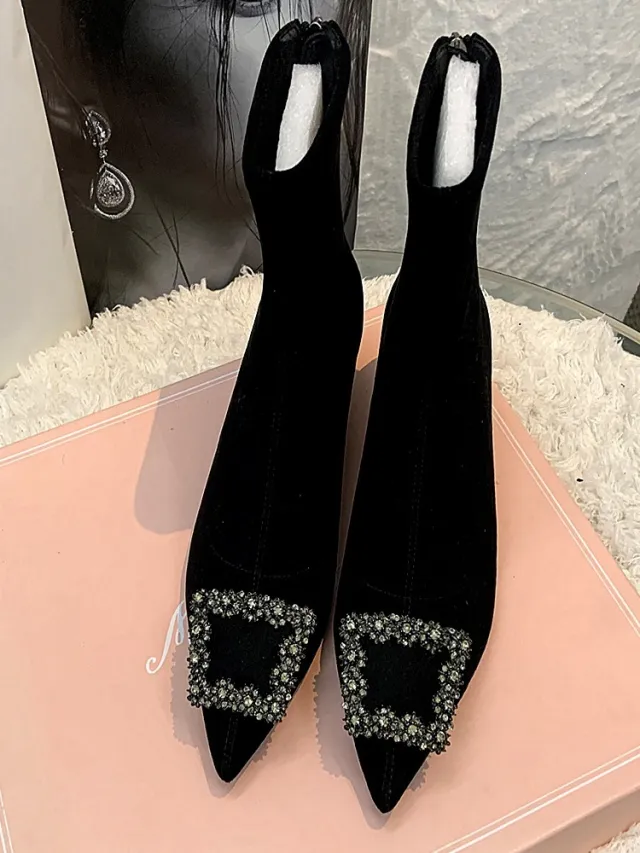 Rhine drill Pointed High Heels Square Buckle Elastic Boots Large Size Ankle Boots Low Heel Black - Shop at LoveMi