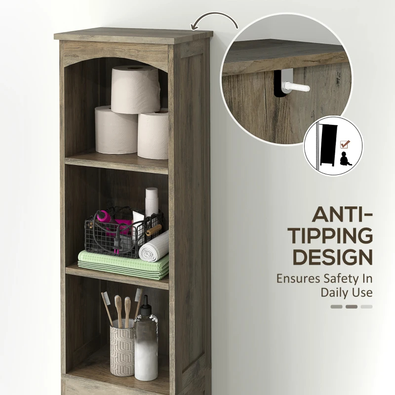 Farmhouse Tall Slim Bathroom Storage Cabinet With Recessed Drawer, Narrow Cabinet With Barn Door, Weathered Gray Oak