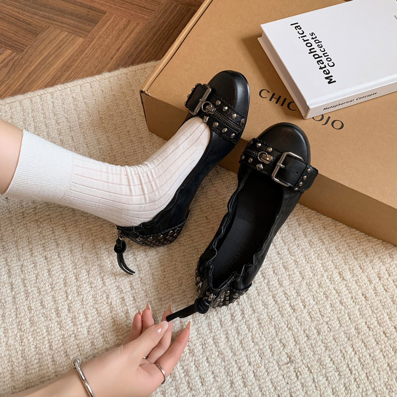 Women's Dark Y2K Punk Studded Ballet Flats, 2026 Summer New Arrival, Buckle Strap Flat Low Cut Casual Shoes