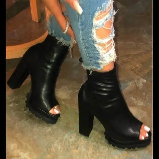 Large Side Zipper Fish Mouth Chunky Heel Sandals Black - Shop at LoveMi