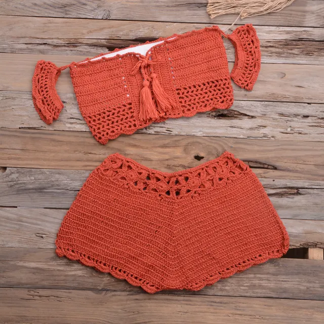 Bikini Hand woven Lace up Swimsuit Shorts Hollow Split Suit Red - Shop at LoveMi