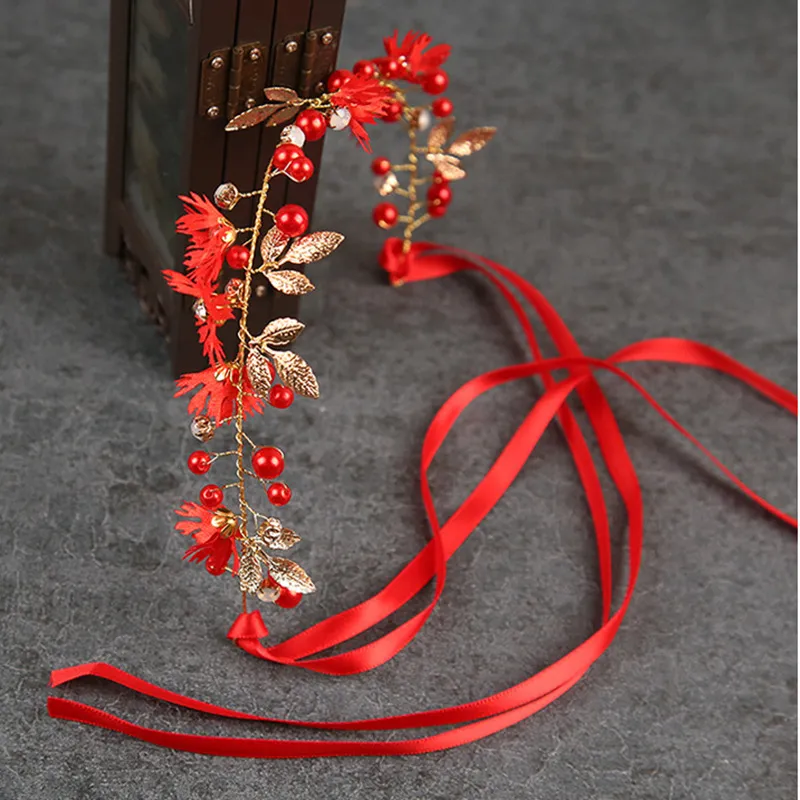 Women Flower Headband With Ribbon Wreath Wedding Party Ladies Girls Garlands Floral Crown Hairband - Red