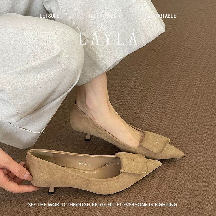 Elegant French Pointed Toe High Heels For Women, Velvet, Slim Heel, Spring 2025 New Collection, Versatile Low-Cut Commute Shoes