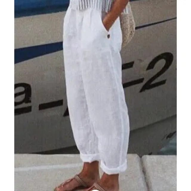 Women's Temperament Commuter Cotton Linen Straight Pocket Casual Pants White - Shop at LoveMi