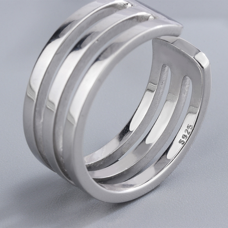 S925 Silver Jewelry Three-line Women's Ring Retro Simple All-matching Couple Style