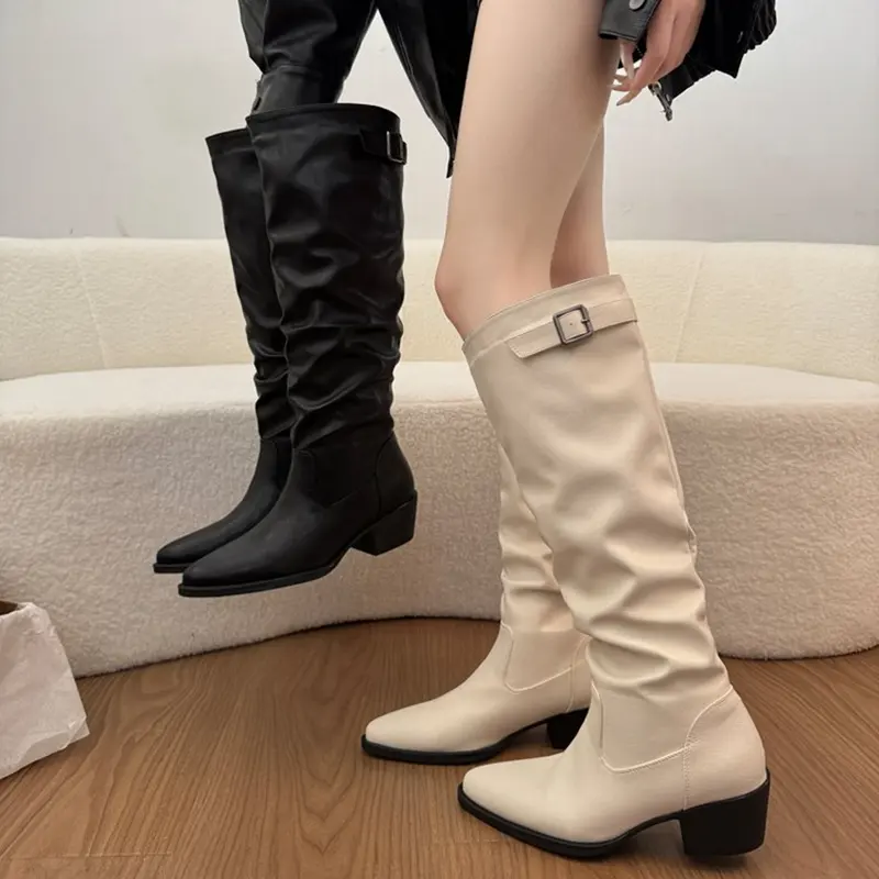 Women Beige Slouchy Knee High Boots Square