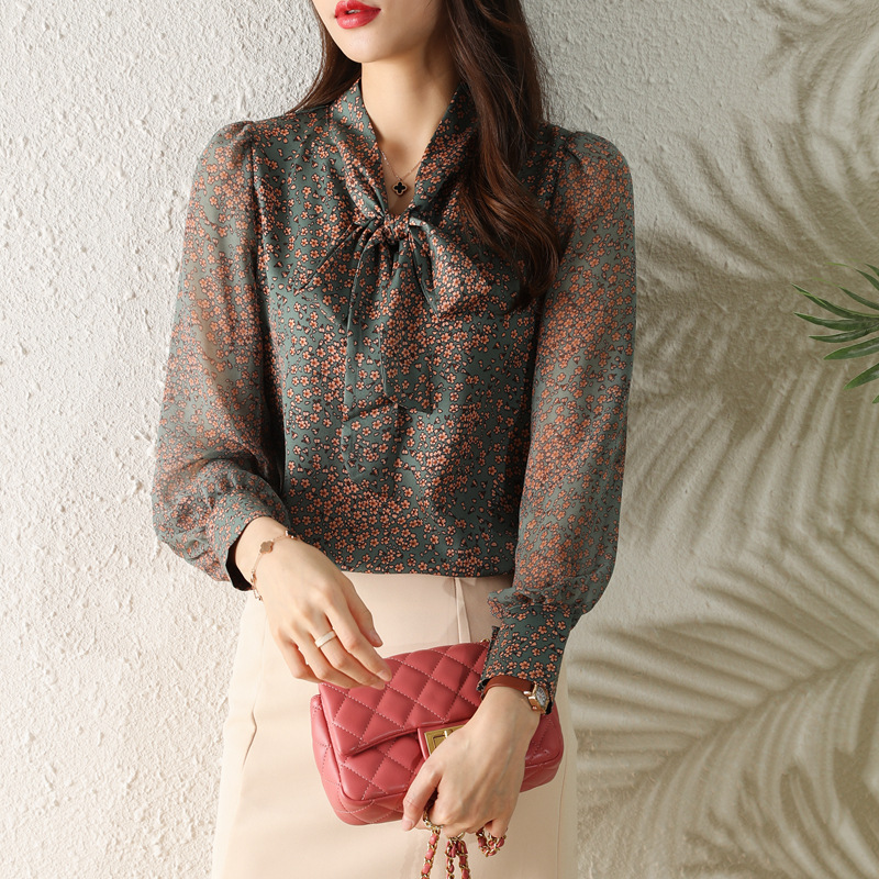 Printed Shirt Women's Stand-up Collar Lace-up Chiffon Long-sleeved Top
