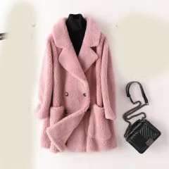Women's Mid-length Loose Wool Sheep Shearing Coat - Pink - View 1
