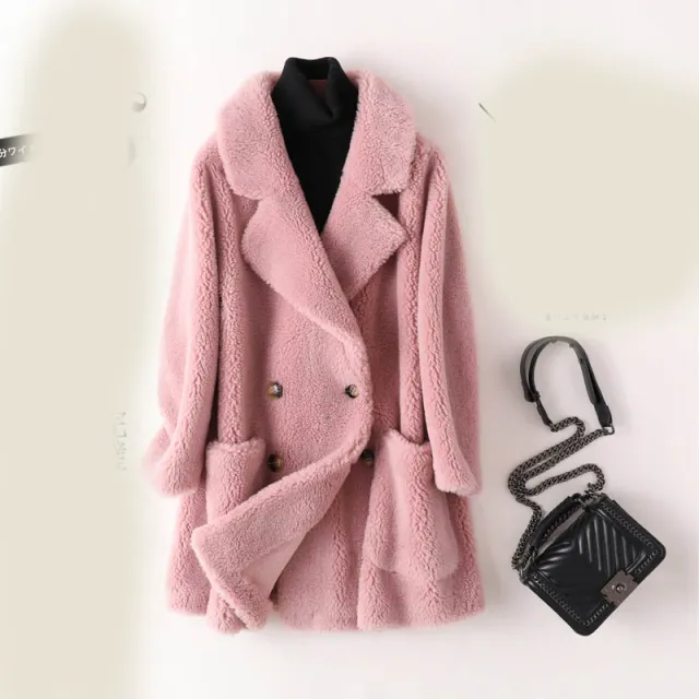 Women's Mid length Loose Wool Sheep Shearing Coat Pink - Shop at LoveMi