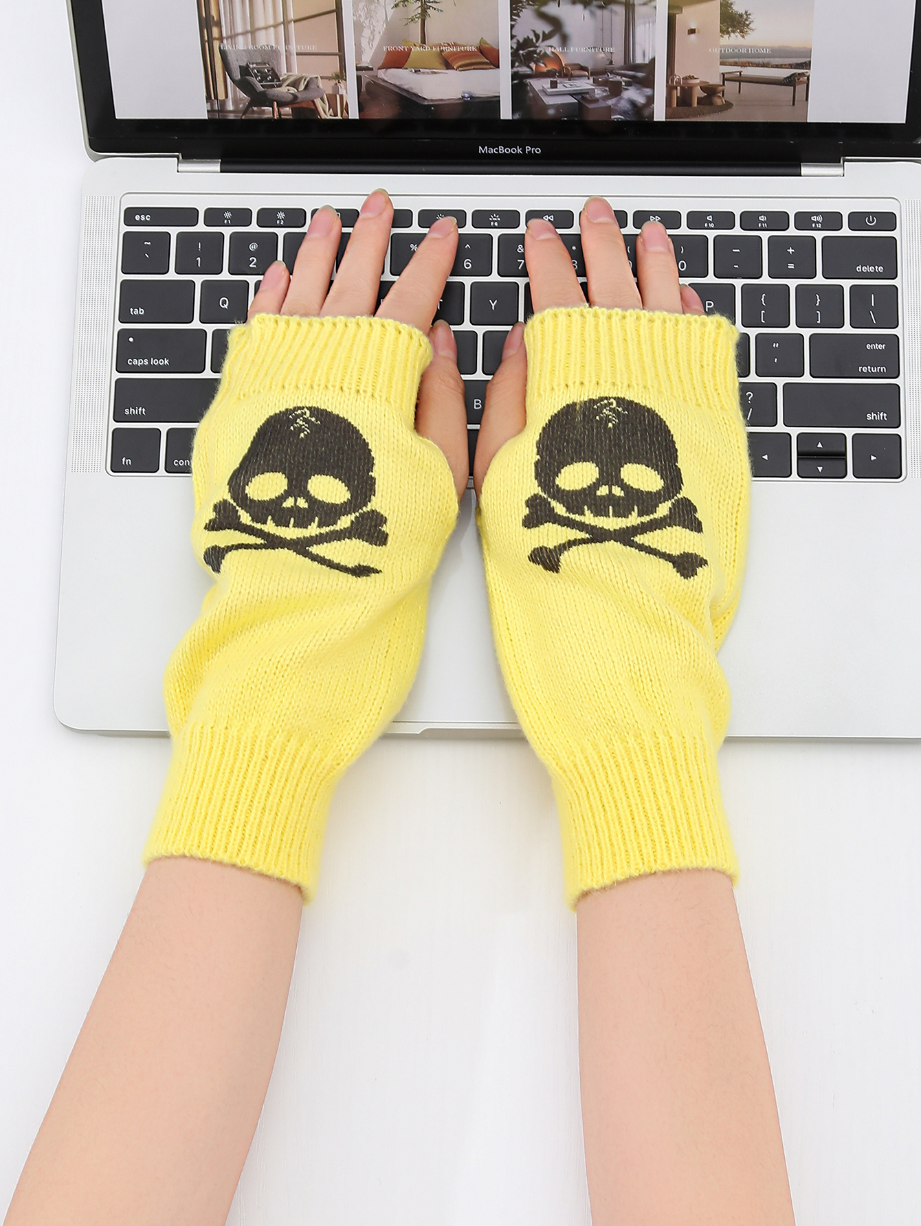 Candy Color Fluorescent Knit Short Solid Color Skull Halloween Gloves Arm Warmer For Party Daily — image 1
