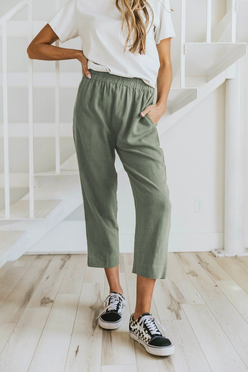 Solid Color Casual Elasticated High waist Cropped Trousers Green - Shop at LoveMi
